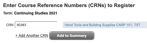 Form showing entry of a CRN and adding the course to the summary